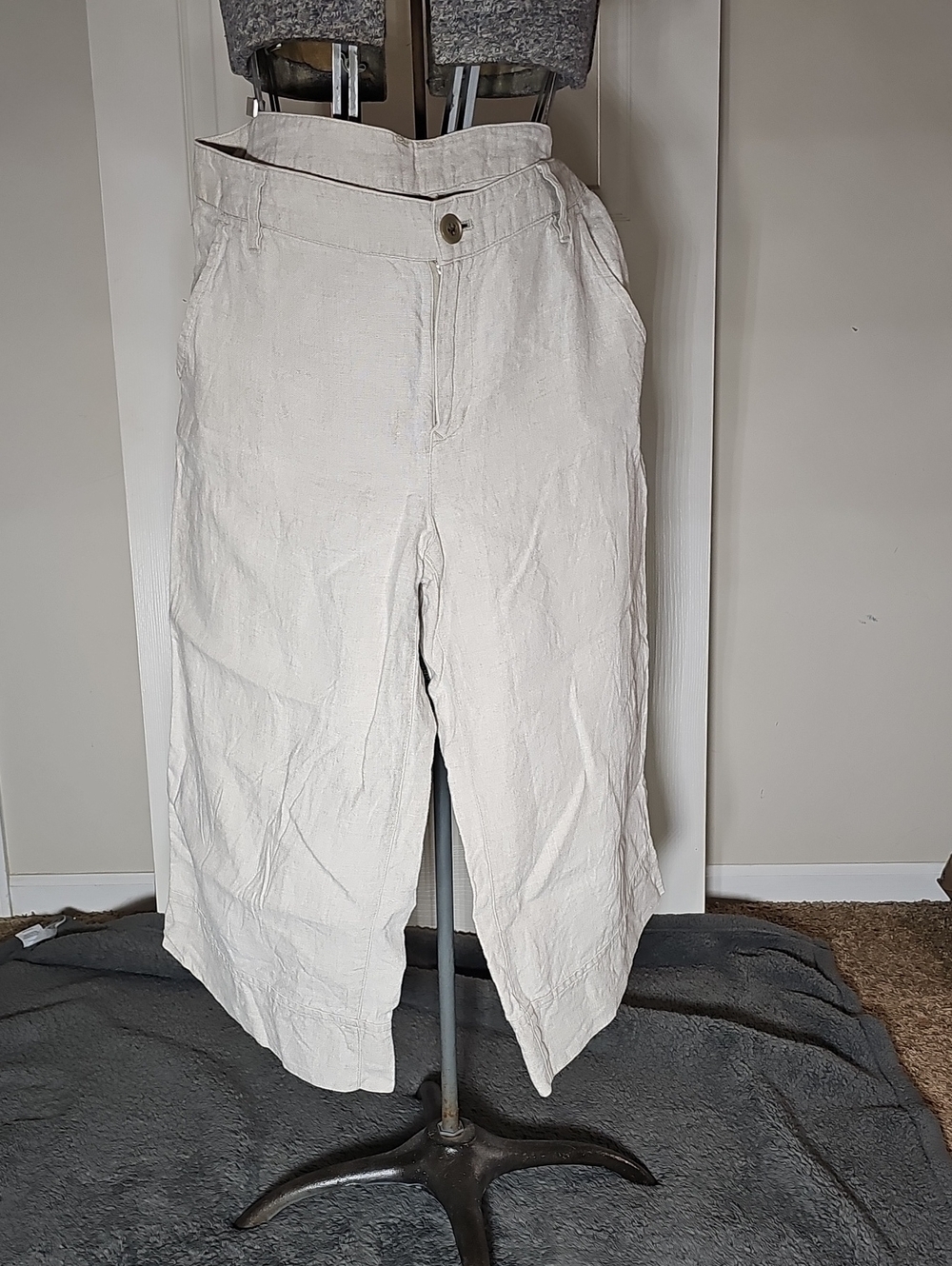 100% Linen Tan Cream Oatmeal Beige Wide Leg Crop Pants Size M